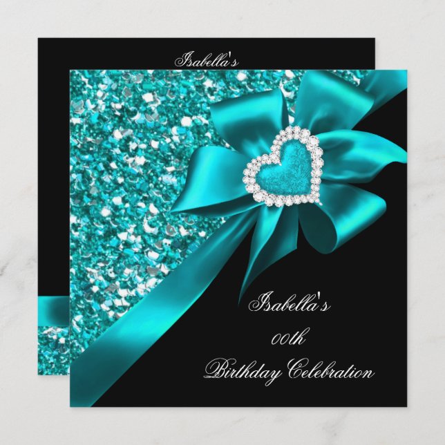 Glitter Teal Blue Heart Bow Black Birthday Party Invitation (Front/Back)
