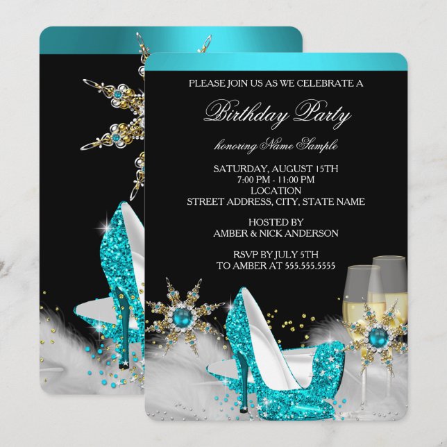 Glitter Teal Blue High Heel Black Gold Champagne Invitation (Front/Back)