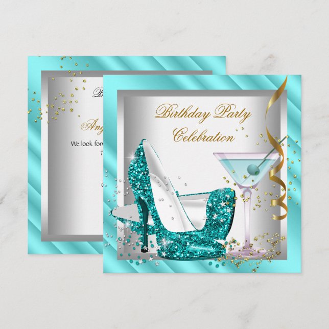 Glitter Teal Blue High Heel Shoes Gold Birthday 2 Invitation (Front/Back)
