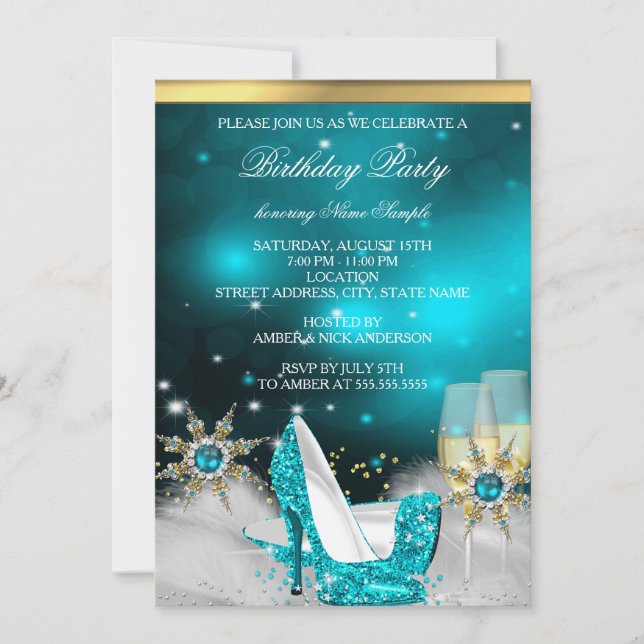 Glitter Teal Blue High Heel Shoes Gold Champagne Invitation (Front)
