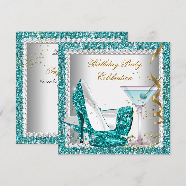 Glitter Teal Blue High Heel Shoes Gold Martini 2 Invitation (Front/Back)