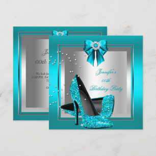 Glitter Teal Blue High Heel Silver Birthday Party Invitation