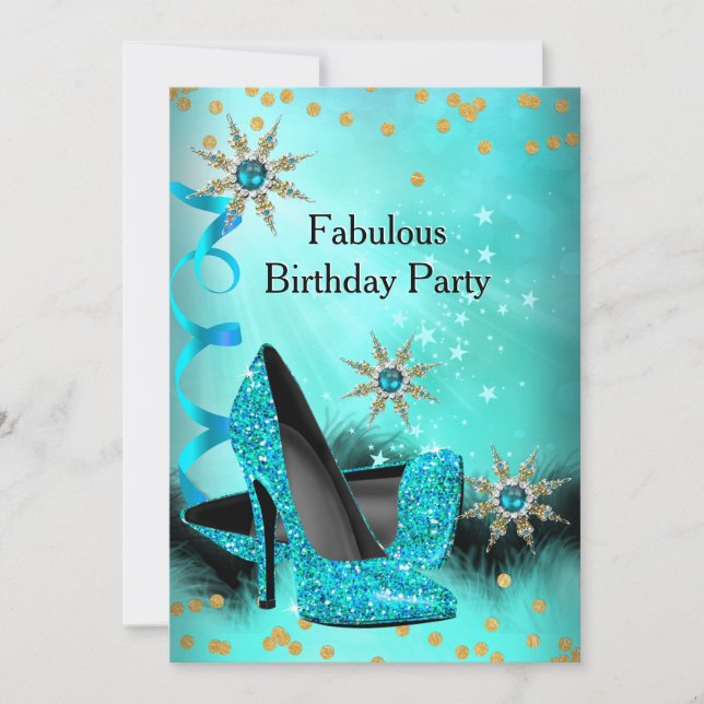 Glitter Teal Blue High Heels Birthday Party Invitation (Front)
