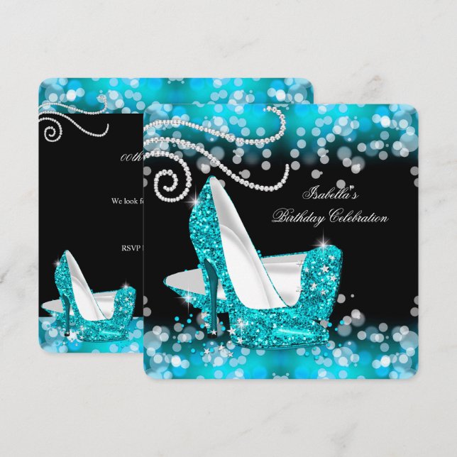 Glitter Teal Blue High Heels Diamonds Birthday Invitation (Front/Back)