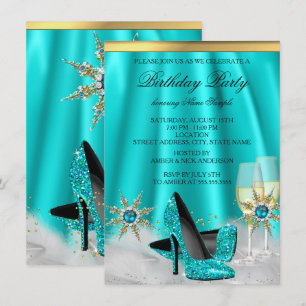 Glitter Teal Blue High Heels Gold Champagne Party Invitation