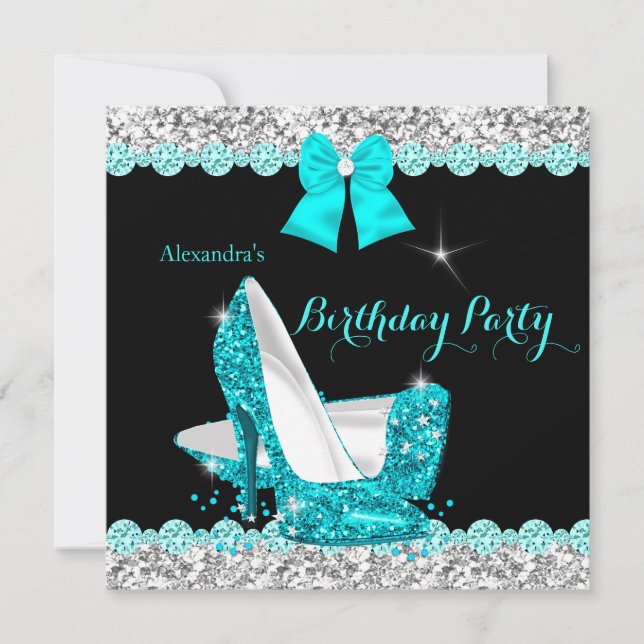 Glitter Teal Blue High Heels Silver Birthday Party Invitation (Front)