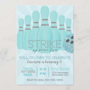 Glitter Teal Bowling Birthday Party strike, Invitation