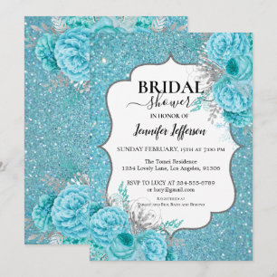 Glitter Teal Floral Bridal Shower Invitation
