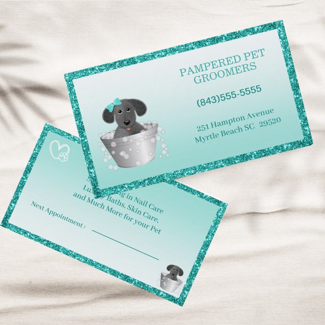 Glitter Teal Green Modern Pet Groomer   Business Card (Creator Uploaded)