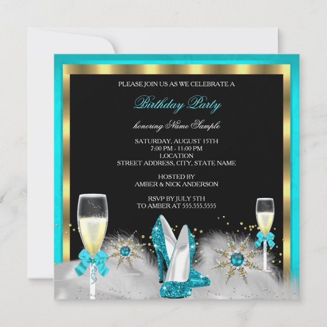 Glitter Teal High Heels Black Gold Champagne Invitation (Front)