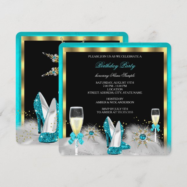 Glitter Teal High Heels Black Gold Champagne Invitation (Front/Back)