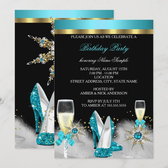 Glitter Teal High Heels Black Gold Champagne Invitation (Front/Back)