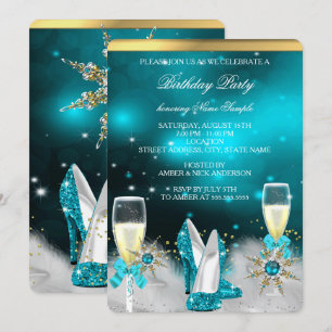 Glitter Teal High Heels Silver Gold Champagne Invitation