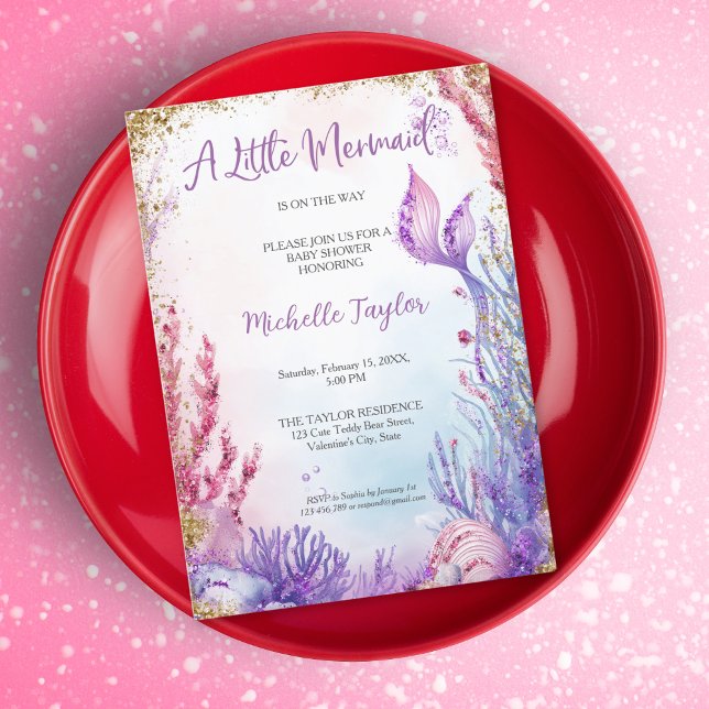 Glitter Teal Little Mermaid Summer Girl Baby Invitation (Creator Uploaded)