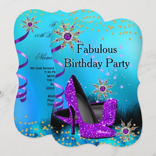 Glitter Teal Purple High Heels Birthday Party 2 Invitation (Front/Back)