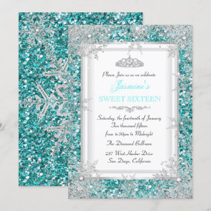 Glitter Teal Silver Winter Wonderland Sweet 16 Invitation