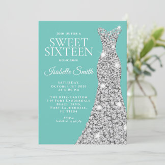 Glitter Teal Sweet Sixteen Birthday Invitation
