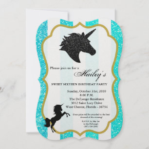 Glitter Teal Unicorn Sweet 16 Birthday Invite