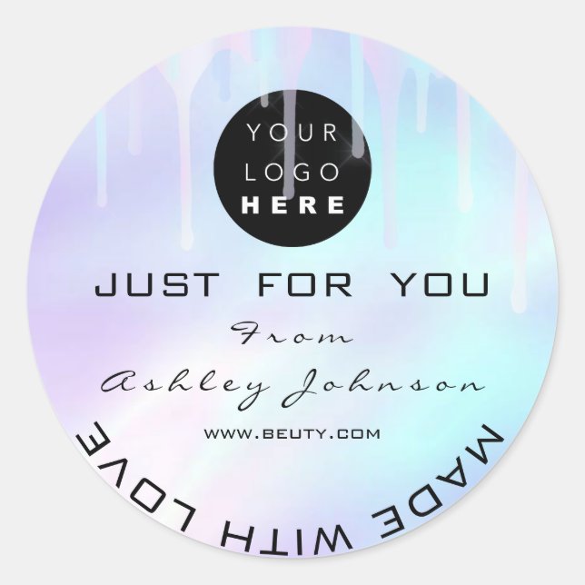 Glitter Thank Logo Holograph Made With Love Blue Classic Round Sticker (Front)