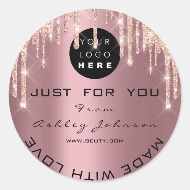 Glitter Thank Logo Rose Drips Made With Love Pink Classic Round Sticker (Front)