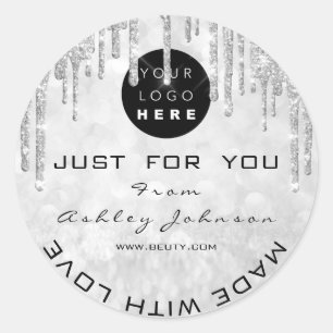 Glitter Thank You Logo Made With Love Silver Grey Classic Round Sticker