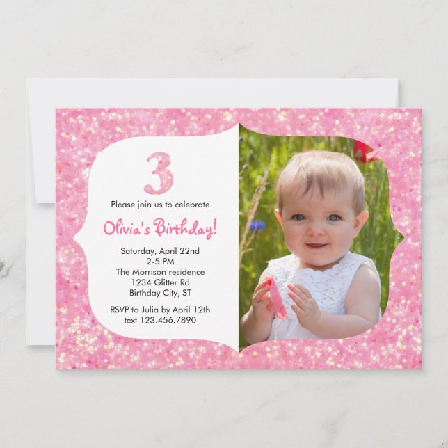 Glitter Third Birthday Invitation (Front)