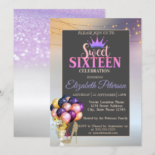 Glitter Tiara,Coctail,Ballons Sweet 16 Party Invitation
