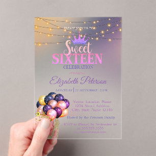 Glitter Tiara,Coctail, Silver Sweet 16 Party Acrylic Invitations