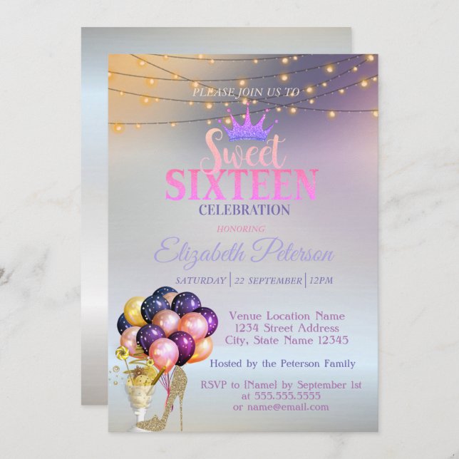 Glitter Tiara,Coctail, Silver Sweet 16 Party Invitation (Front/Back)