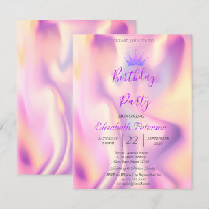 Glitter Tiara Holographic Birthday  Invitation