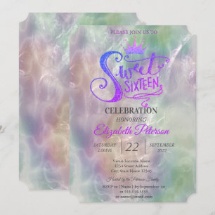 Glitter Tiara Holographic Pearl Sweet 16 Party Invitation