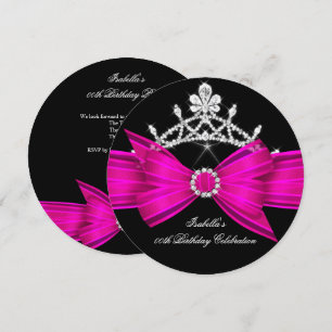 Glitter Tiara Hot Pink Diamond Bow Birthday Party Invitation