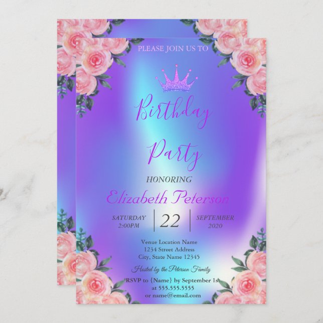 Glitter Tiara Roses Ombre Holographic Birthday Invitation (Front/Back)