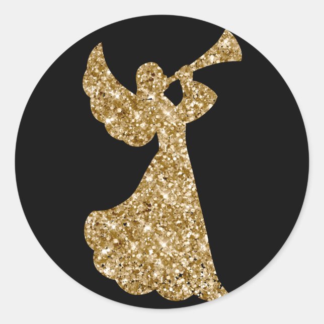 Glitter Trumpeting Angel Christmas Corporate Party Classic Round Sticker (Front)