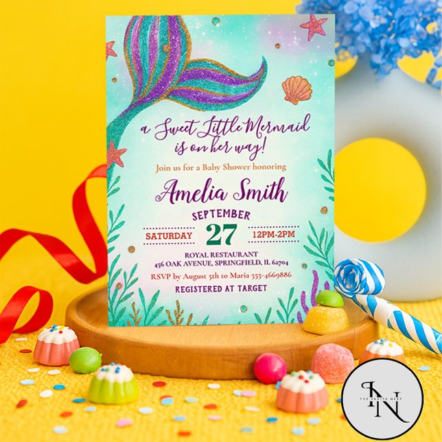 Glitter Turquoise Baby Girl Mermaid Baby Shower Invitation (Mermaid baby Shower invitation)