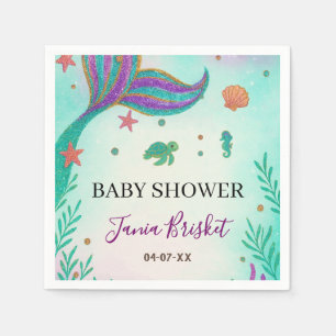 Glitter Turquoise Mermaid Baby Shower Napkin