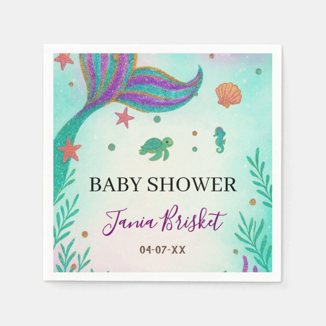 Glitter Turquoise Mermaid Baby Shower Napkin (Front)