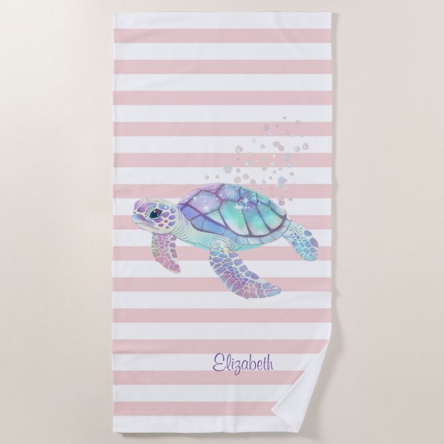 Glitter Turtle Pink Stripes  Beach Towel (Front)