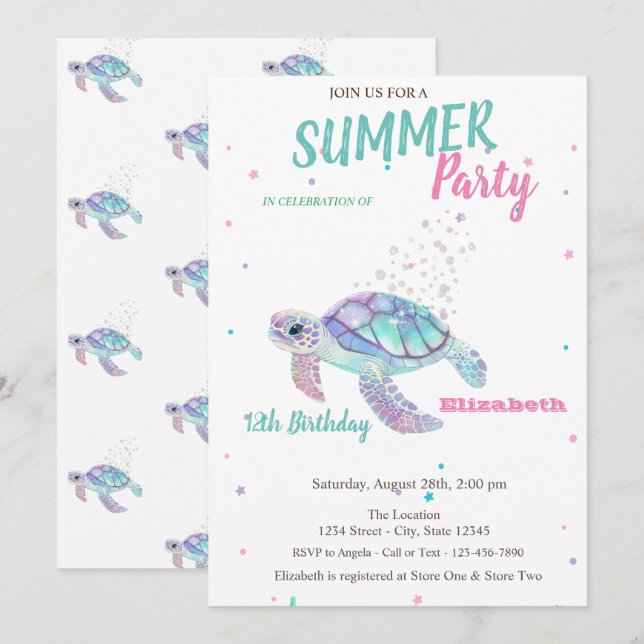 Glitter Turtle Summer Birthday  Invitation (Front/Back)