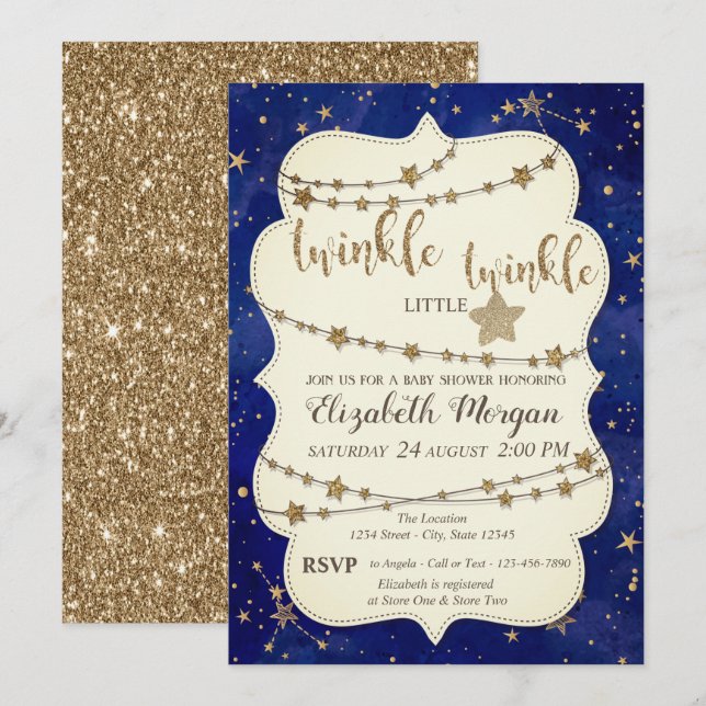 Glitter Twinkle Little Star Gold Baby Shower Invitation (Front/Back)