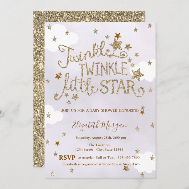 Glitter Twinkle Little Star Lavender Baby Shower Invitation (Front/Back)
