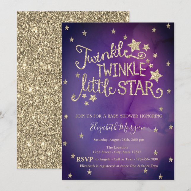  Glitter Twinkle Little Star Violet Baby Shower Invitation (Front/Back)