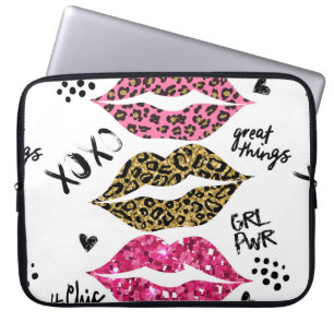 Glitter typography print with lips pattern laptop sleeve