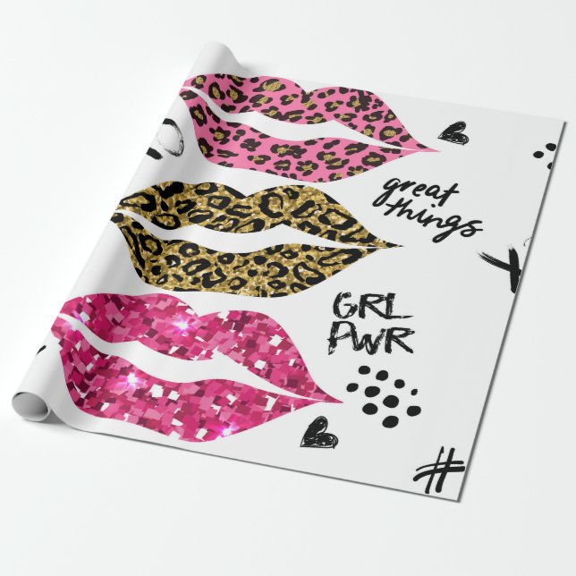 Glitter typography print with lips pattern wrapping paper (Unrolled)