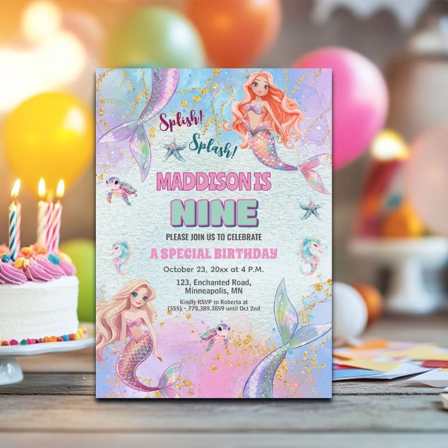 Glitter Under the Sea Mermaids 9th Birthday Party Invitation (Creator Uploaded)