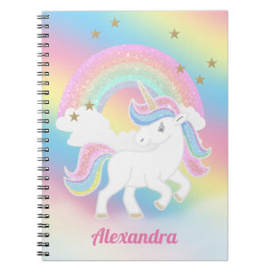 Glitter Unicorn and Rainbow with Personalised Name Notebook