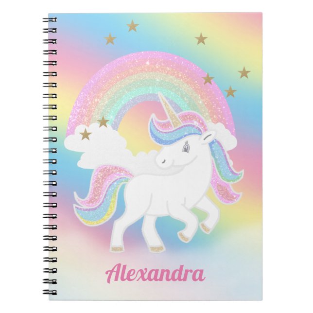 Glitter Unicorn and Rainbow with Personalised Name Notebook (Front)