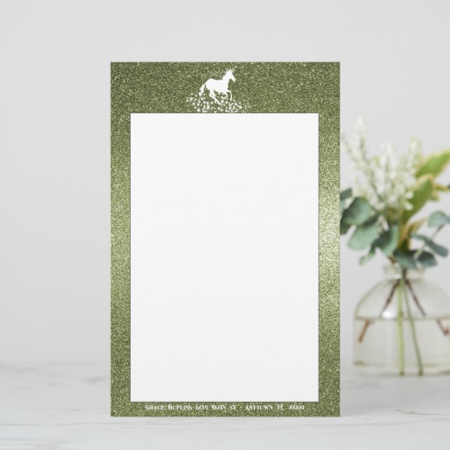 Glitter Unicorn and Stars | Green Stationery (Standing Front)