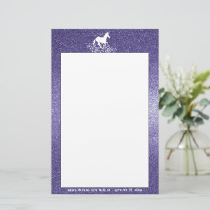 Glitter Unicorn and Stars   Purple Stationery
