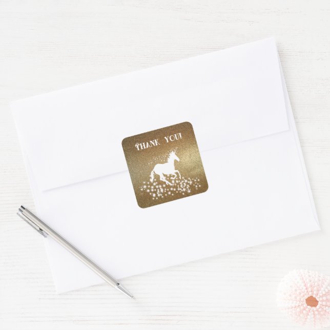 Glitter Unicorn and Stars Thank You |  Gold Square Sticker (Envelope)